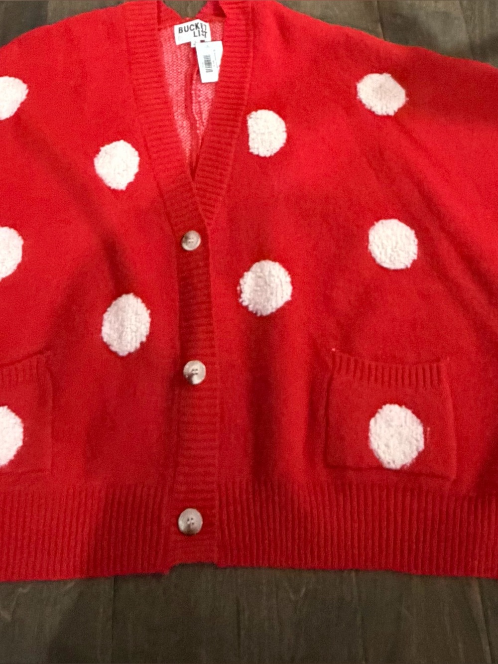 BUCKETLIST Red Cardigan with White Polka Dots
